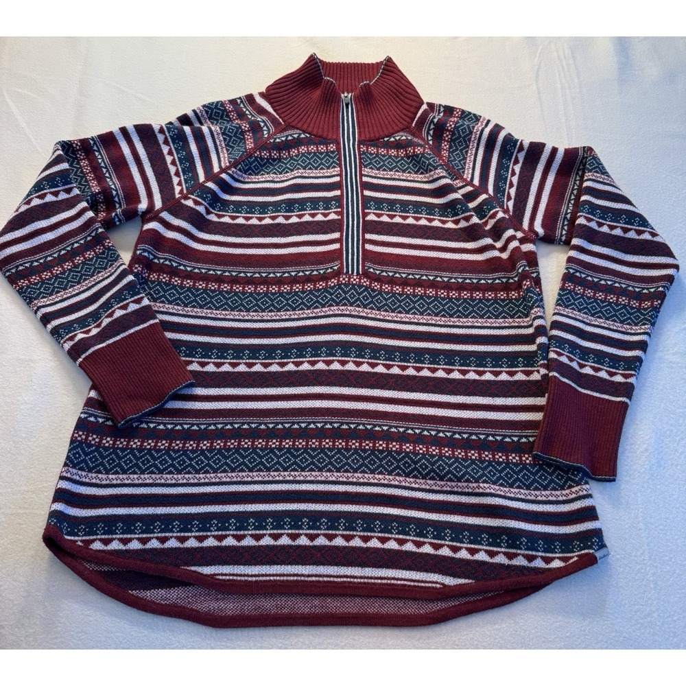 Eddie Bauer Women's‎ M Fair Isle Half Zip Pullover Sweater Maroon Blue White
